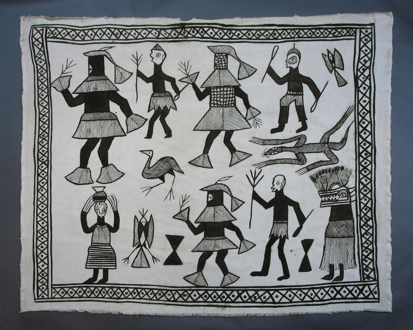 Handcrafted Art Textiles; Woven Fabrics; Other African; Mudcloth Based; Cotton; Traditional; Intricate Patterns; Vintage; Living Spaces; Home Decor; Tapestries; Hand Painted, Black White, Decorative African Senufo Mudcloth Cotton Textile