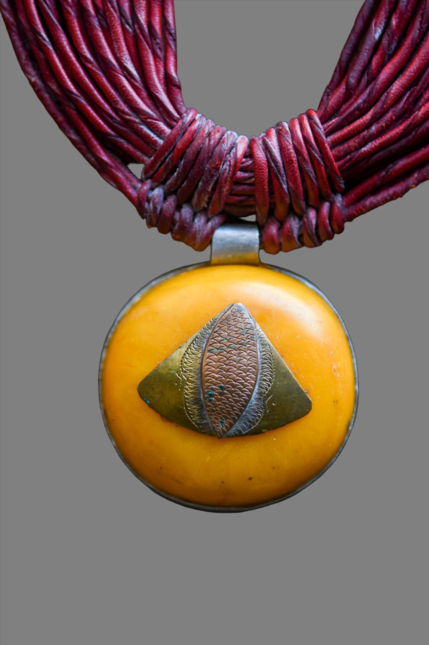 Tribal Necklaces - African Plural Art - African Art - Necklaces - Jewelry - African Tribal Leather Necklace, Amber Pendant