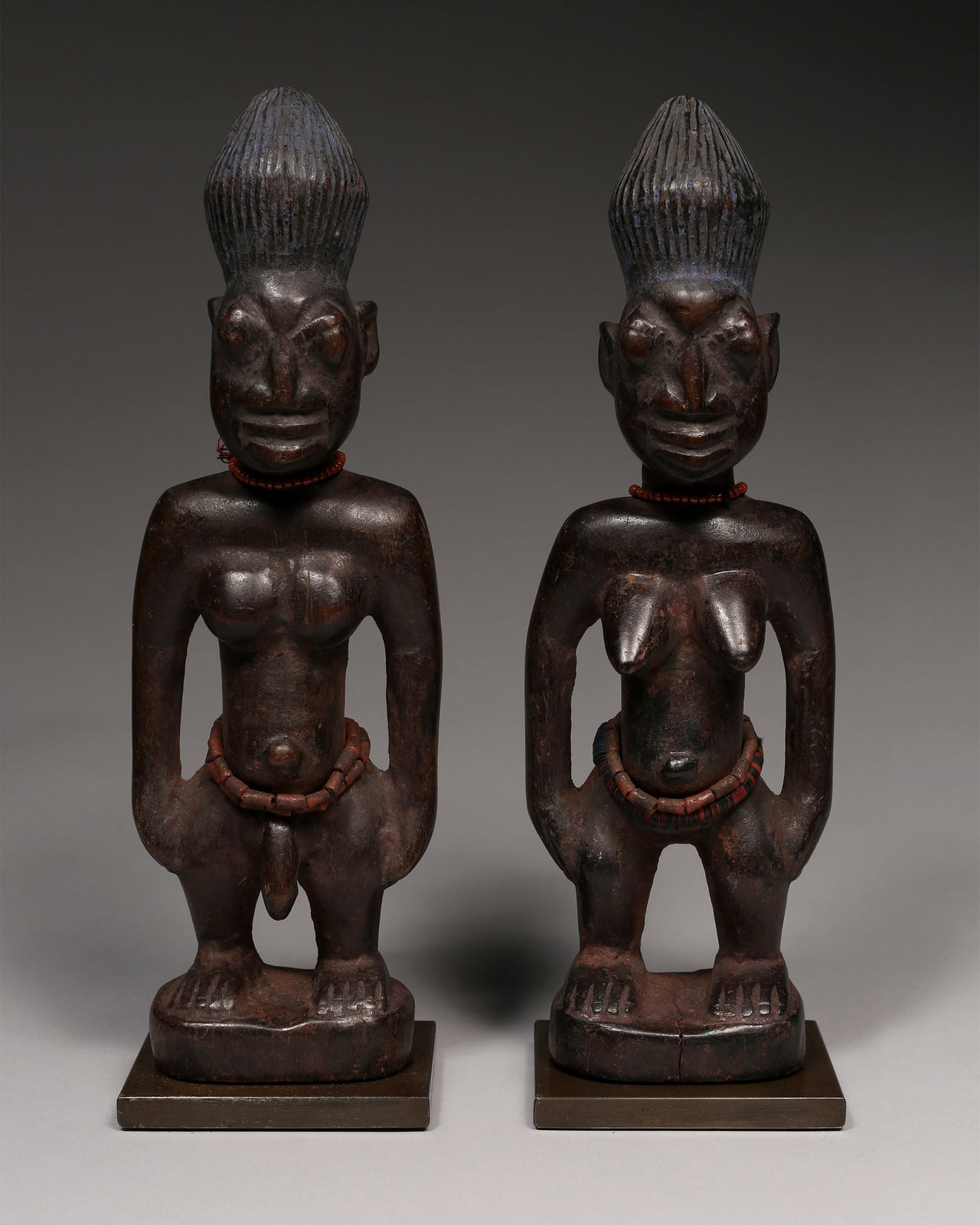 Tribal Art Sculpture; Original sculpture, Wood material; Used;Traditional; Folk Art; Other African ; Collectors' Pieces and Pieces; Artwork Decor; Male/Female Pair of Ibeji Twins Figures, Yoruba Tribe, Nigeria Wood, glass beads, African