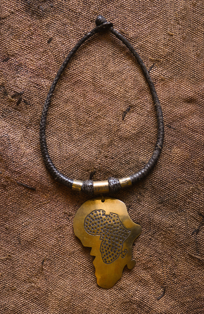 Handcrafted Art - Necklaces; Collection; Other African; Tribal Leather Jewelry, Africa Map Bronze Pendant Necklace