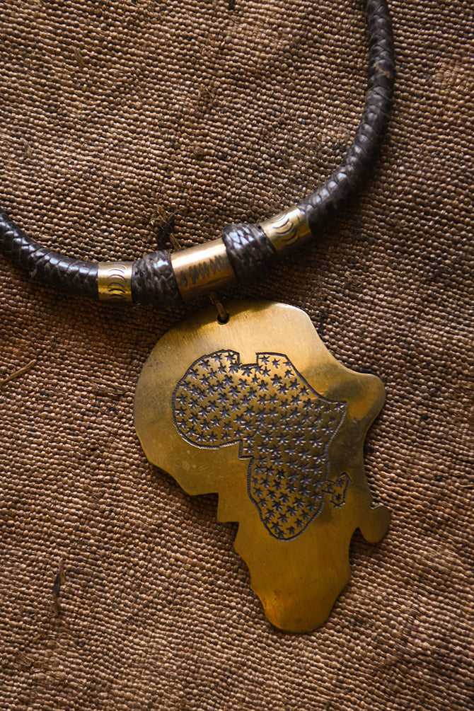 Handcrafted Art - Necklaces; Collection; Other African; Tribal Leather Jewelry, Africa Map Bronze Pendant Necklace