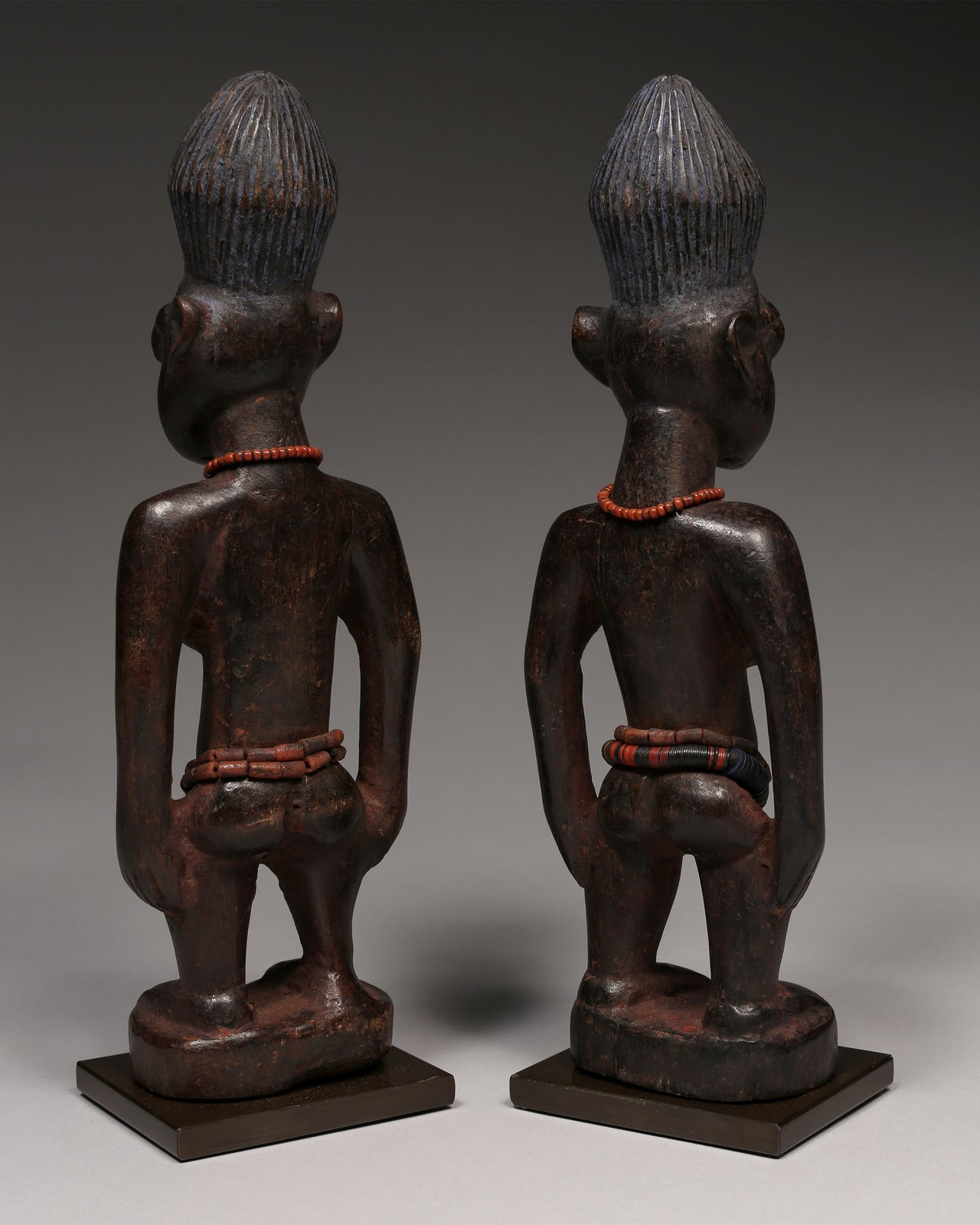 Tribal Art Sculpture; Original sculpture, Wood material; Used;Traditional; Folk Art; Other African ; Collectors' Pieces and Pieces; Artwork Decor; Male/Female Pair of Ibeji Twins Figures, Yoruba Tribe, Nigeria Wood, glass beads, African