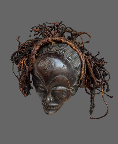 Authentic Carved Wood Mask, Traditional Carved Chokwe Mask Braided Hair, African Wall Decor Collection