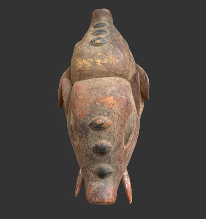 Rare, Authentic,Carved Wooden Helmet Mask, Traditional African Double Face Pig Mask