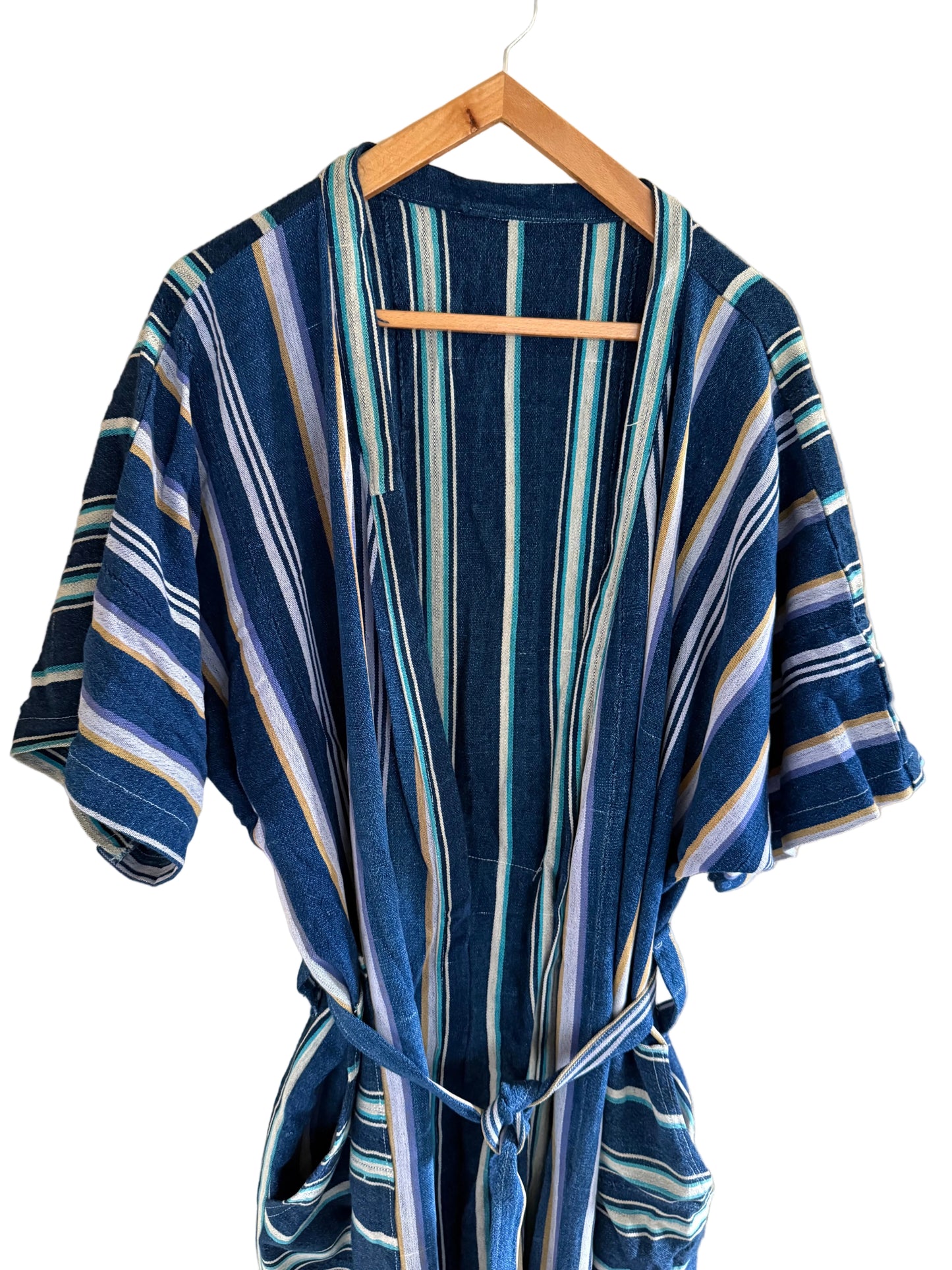 African Indigo Clothing, Vintage Blue Striped Textile Wrap Coat