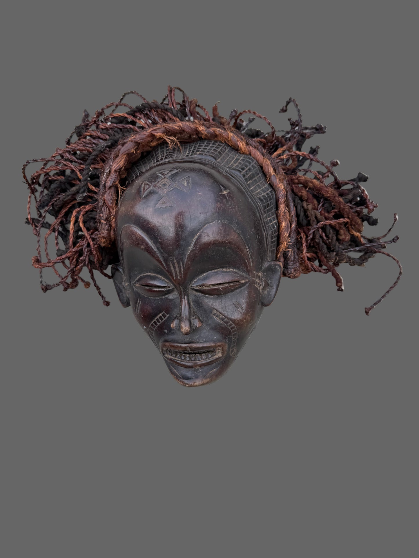 Authentic Carved Wood Mask, Traditional Carved Chokwe Mask Braided Hair, African Wall Decor Collection