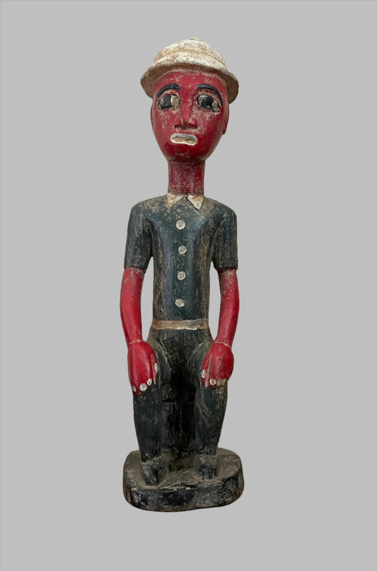 Handcrafted Sculptures and Statues;Collection; Other African; African Painted Seated Male Statue, Handcrafted Vintage Wooden Sculpture