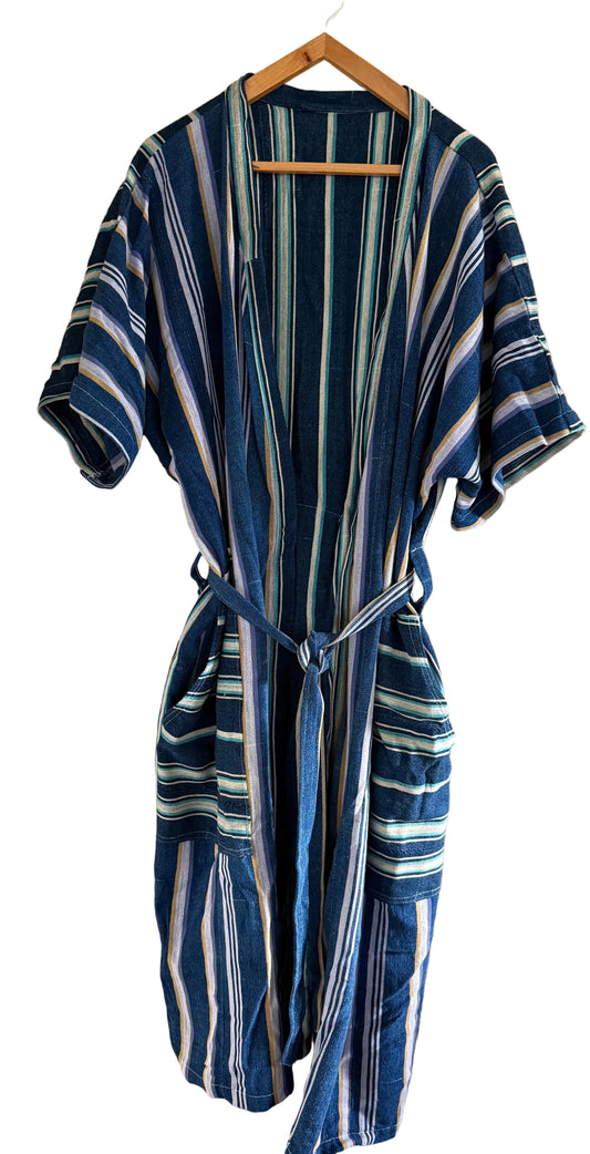 African Indigo Clothing, Vintage Blue Striped Textile Wrap Coat