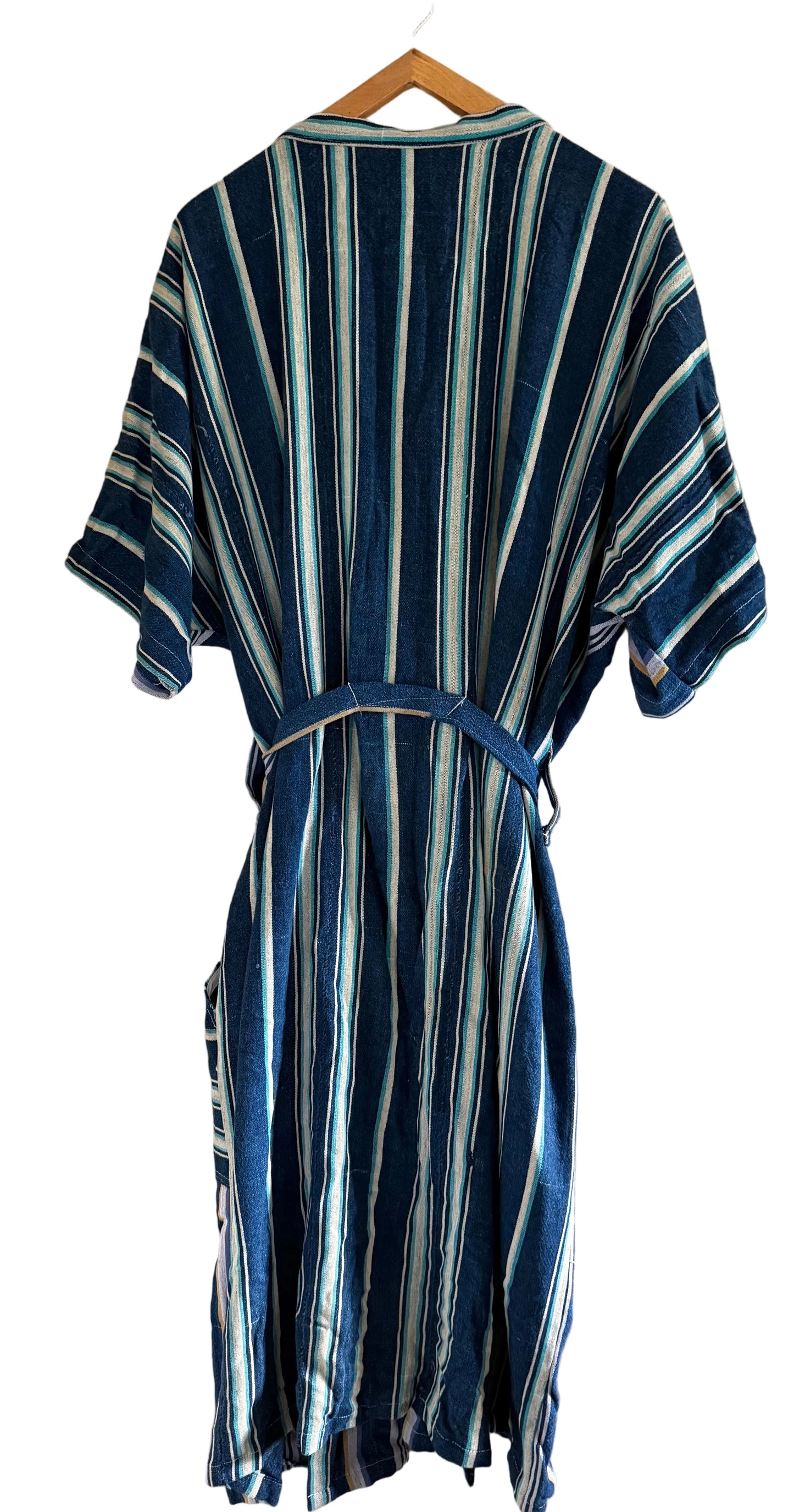 African Indigo Clothing, Vintage Blue Striped Textile Wrap Coat