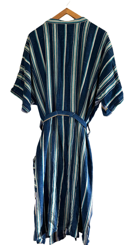 African Indigo Clothing, Vintage Blue Striped Textile Wrap Coat