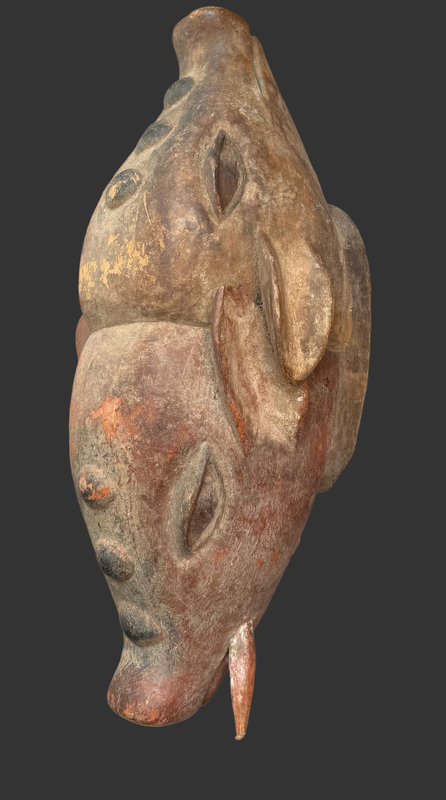 Rare, Authentic,Carved Wooden Helmet Mask, Traditional African Double Face Pig Mask