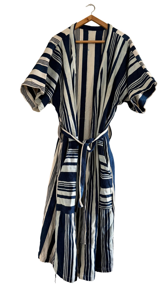 Indigo Clothing, Blue White Striped, Vintage African Mudcloth Wrapped Coat