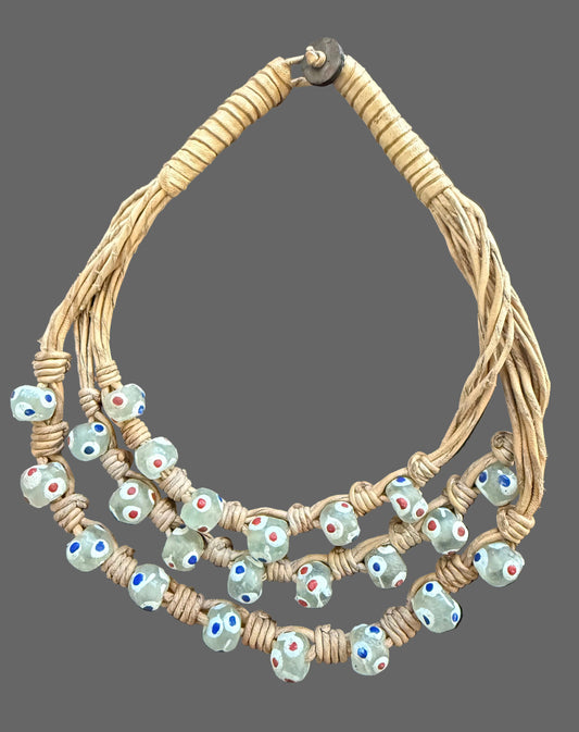 Trade Beads Leather Necklace, Women African Statement Jewelry