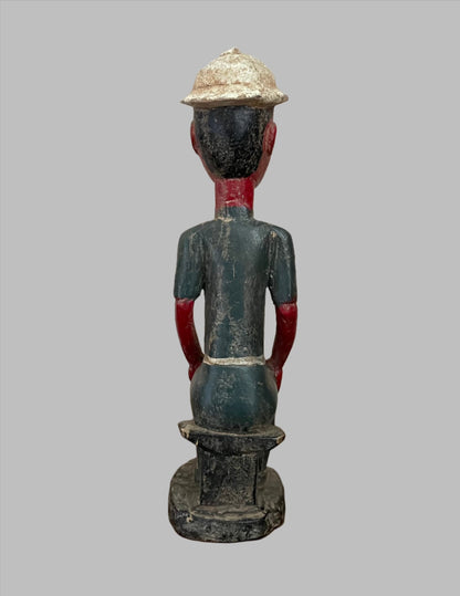 Handcrafted Sculptures and Statues;Collection; Other African; African Painted Seated Male Statue, Handcrafted Vintage Wooden Sculpture