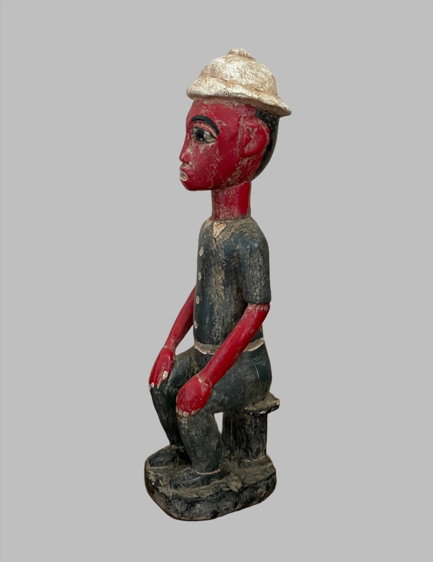 Handcrafted Sculptures and Statues;Collection; Other African; African Painted Seated Male Statue, Handcrafted Vintage Wooden Sculpture