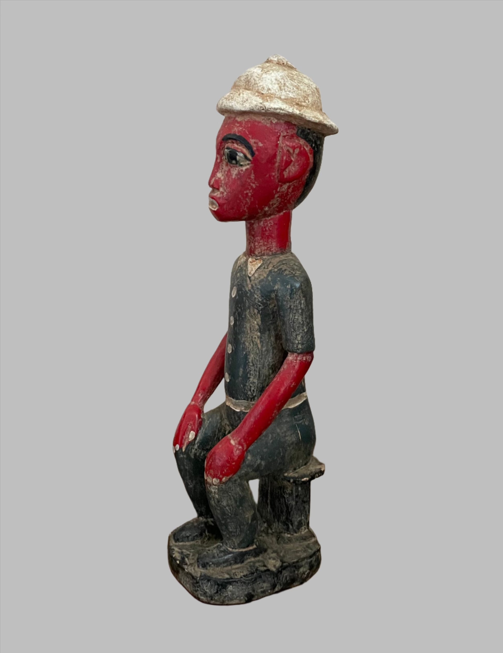 Handcrafted Sculptures and Statues;Collection; Other African; African Painted Seated Male Statue, Handcrafted Vintage Wooden Sculpture
