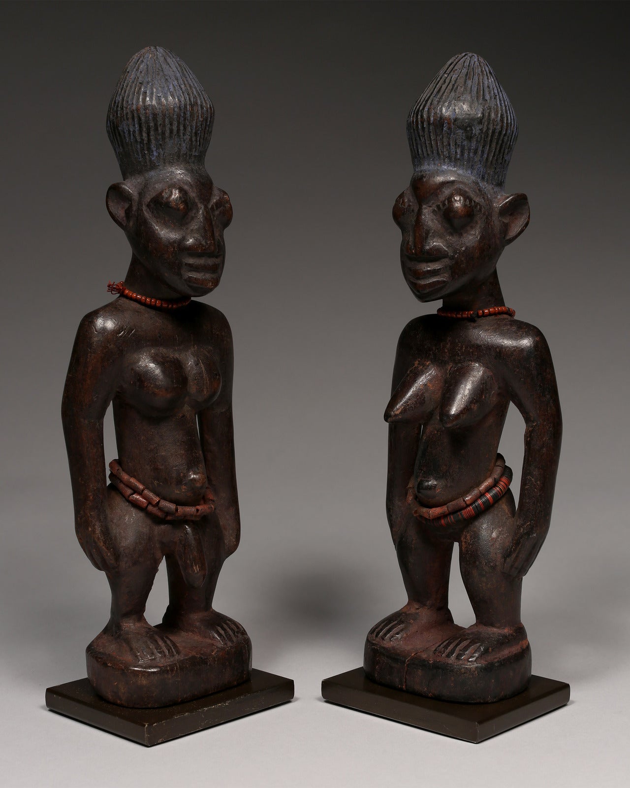 Tribal Art Sculpture; Original sculpture, Wood material; Used;Traditional; Folk Art; Other African ; Collectors' Pieces and Pieces; Artwork Decor; Male/Female Pair of Ibeji Twins Figures, Yoruba Tribe, Nigeria Wood, glass beads, African