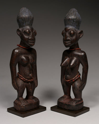 Tribal Art Sculpture; Original sculpture, Wood material; Used;Traditional; Folk Art; Other African ; Collectors' Pieces and Pieces; Artwork Decor; Male/Female Pair of Ibeji Twins Figures, Yoruba Tribe, Nigeria Wood, glass beads, African