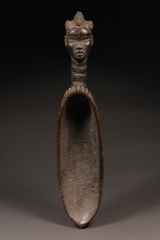 Tribal Objects; Original sculptures and statuary, in any material;Of an age exceeding 100 years ; Ceremonial Ladle Spoon, Dan Tribe, Carved Wood Sculpture Figure, African Art Artifact