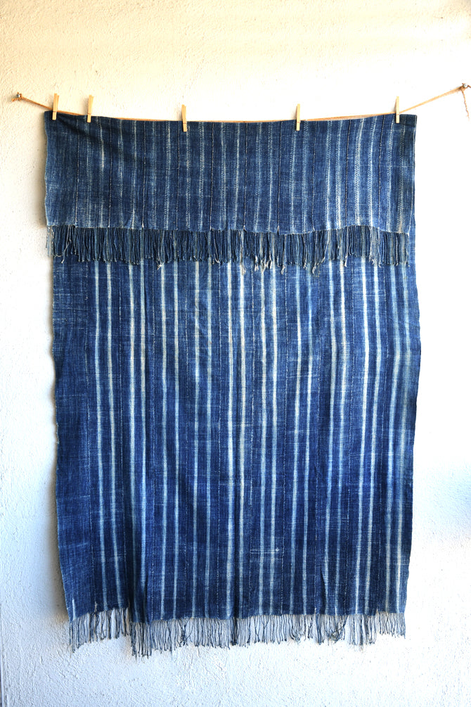 Handcrafted Textiles;Woven Fabrics Of Jute Or Of Other Textile Bast Fibers;Striped Indigo Vintage,  African Fabric, Woven Cotton Textile Hand Dyed
