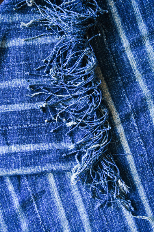 Handcrafted Textiles;Woven Fabrics Of Jute Or Of Other Textile Bast Fibers;Striped Indigo Vintage,  African Fabric, Woven Cotton Textile Hand Dyed