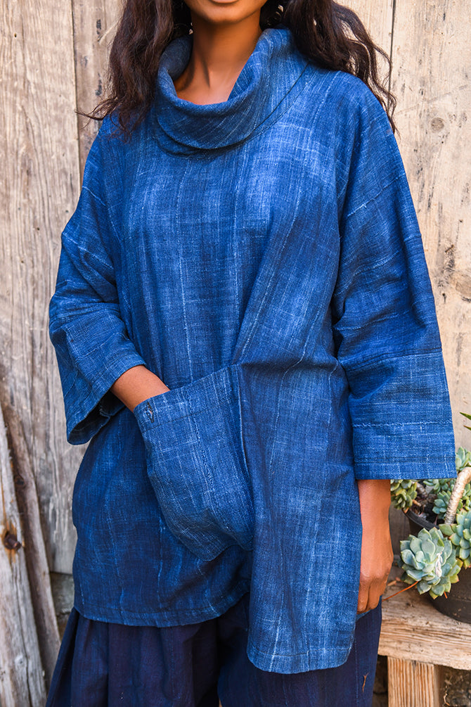 handcrafted mudcloth Clothing - African Art - Woven Cotton - African Plural Art - Solid Blue Indigo Cotton Fabric Tunic, African Mudcloth Textile
