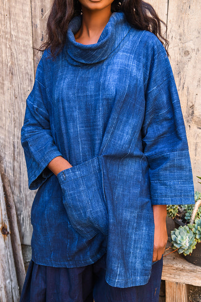 handcrafted mudcloth Clothing - African Art - Woven Cotton - African Plural Art - Solid Blue Indigo Cotton Fabric Tunic, African Mudcloth Textile