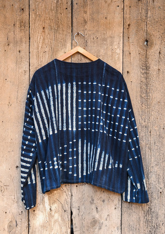 Handcrafted Art ; Mudcloth Clothing; Other African; Striped Indigo Tunic, White Blue African Cotton Mudcloth Fabric