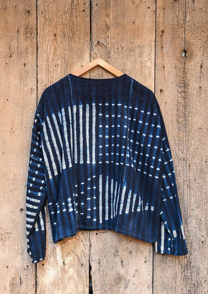 Handcrafted Art ; Mudcloth Clothing; Other African; Striped Indigo Tunic, White Blue African Cotton Mudcloth Fabric