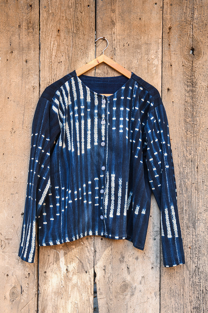 Handcrafted Art ; Mudcloth Clothing; Other African; Striped Indigo Tunic, White Blue African Cotton Mudcloth Fabric