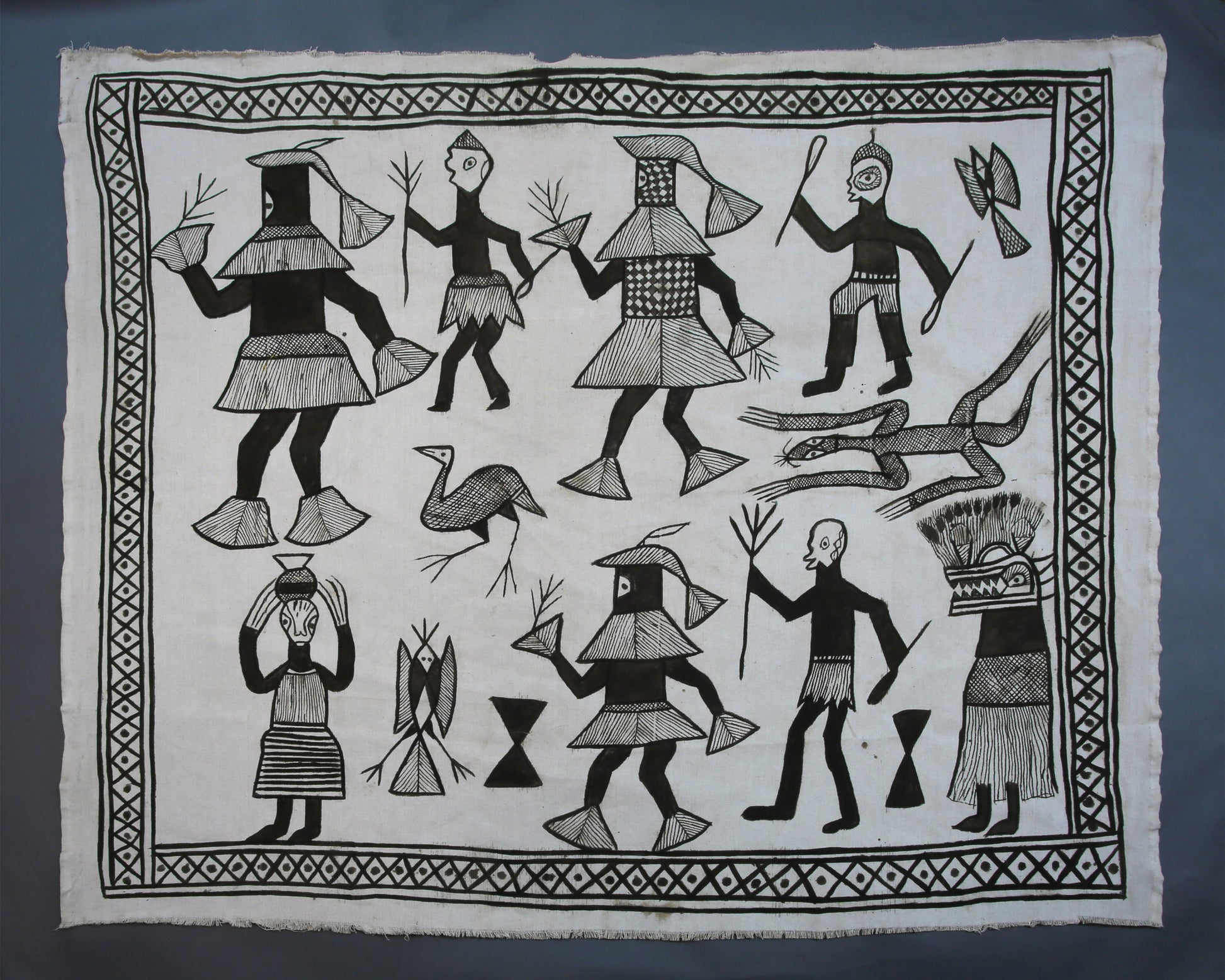 Handcrafted Art Textiles; Woven Fabrics; Other African; Mudcloth Based; Cotton; Traditional; Intricate Patterns; Vintage; Living Spaces; Home Decor; Tapestries; Hand Painted, Black White, Decorative African Senufo Mudcloth Cotton Textile
