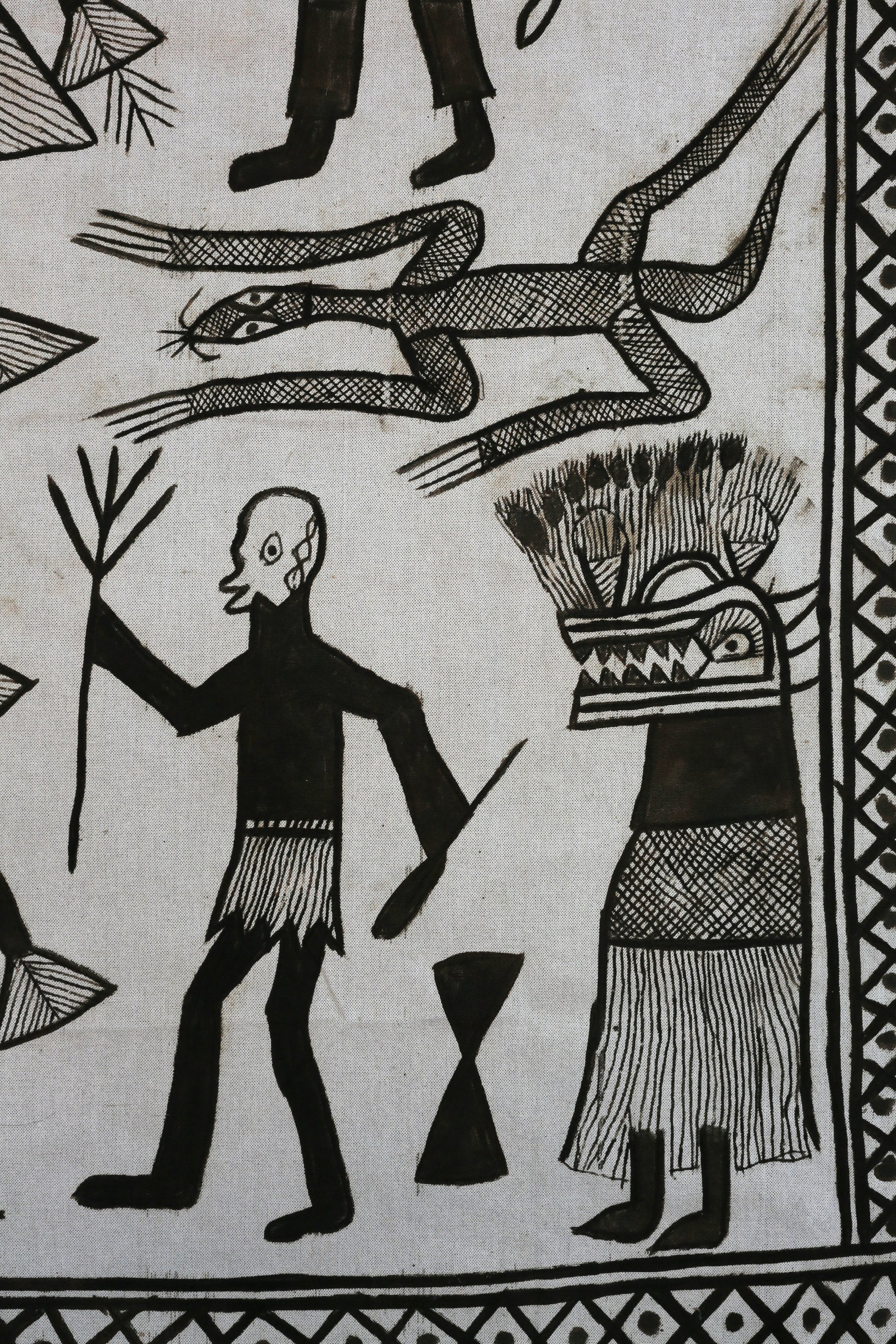 Handcrafted Art Textiles; Woven Fabrics; Other African; Mudcloth Based; Cotton; Traditional; Intricate Patterns; Vintage; Living Spaces; Home Decor; Tapestries; Hand Painted, Black White, Decorative African Senufo Mudcloth Cotton Textile