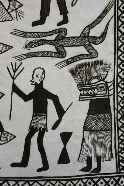 Handcrafted Art Textiles; Woven Fabrics; Other African; Mudcloth Based; Cotton; Traditional; Intricate Patterns; Vintage; Living Spaces; Home Decor; Tapestries; Hand Painted, Black White, Decorative African Senufo Mudcloth Cotton Textile