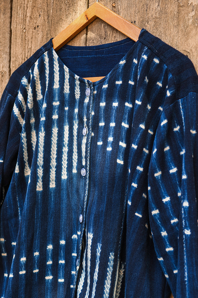 Handcrafted Mudcloth Clothing;Woven Fabrics Of Jute Or Of Other Textile Bast Fibers;Striped Indigo Tunic, White Blue African Cotton Mudcloth Fabric