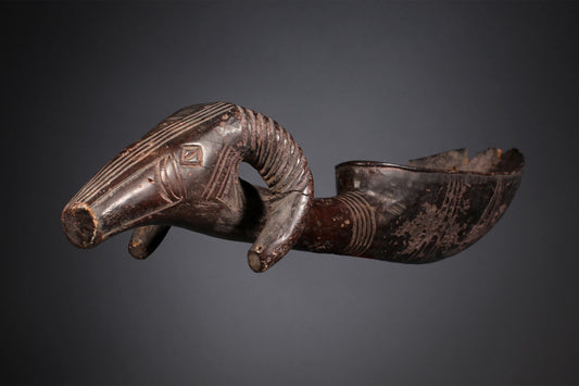 Tribal Objects; Artwork; Collection; Other African; Ceremonial Ladle Spoon with Ram's Head, Carved African Wood, Dan Tribe