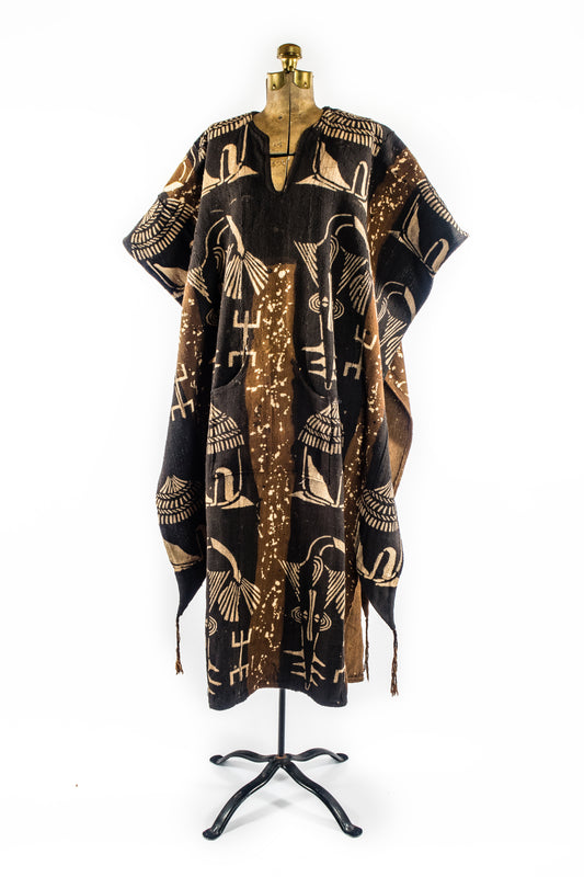 Handcrafted Mudcloth Clothing - African Plural Art - African Art - Clothing - Apparel Accessories - Bogolan Poncho, Dyed Cotton Fabric, African Mudcloth Textile