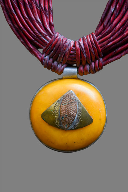 Tribal Necklaces - African Plural Art - African Art - Necklaces - Jewelry - African Tribal Leather Necklace, Amber Pendant