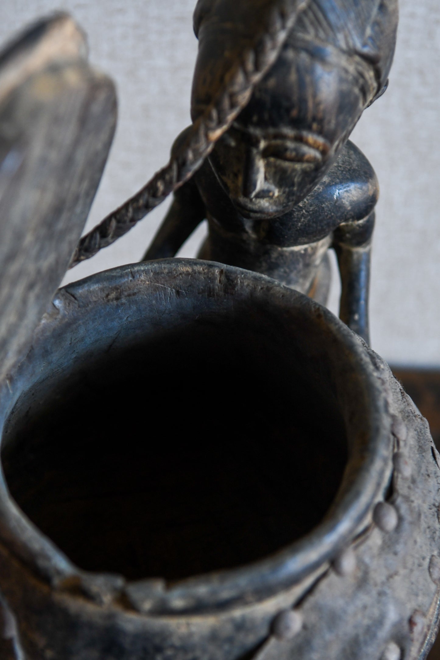 Tribal Objects - African Tribal Art - Ancient Ceremonial Art - Handcrafted Artifacts - Masks - Wood Sculptures - Iron Bronze Objects - Textiles - Art Pieces - African Folk Art - This unique Baule Divination Bowl Figure is an authentic piece of African art. It is an old carved wooden figure, crafted by highly skilled artisans, and is sure to make a statement in any space. The Divination Lidded Vessel Bowl is a perfect addition to any collection of sculptures and objects.Height : 15 inchesDepth: 4 inches