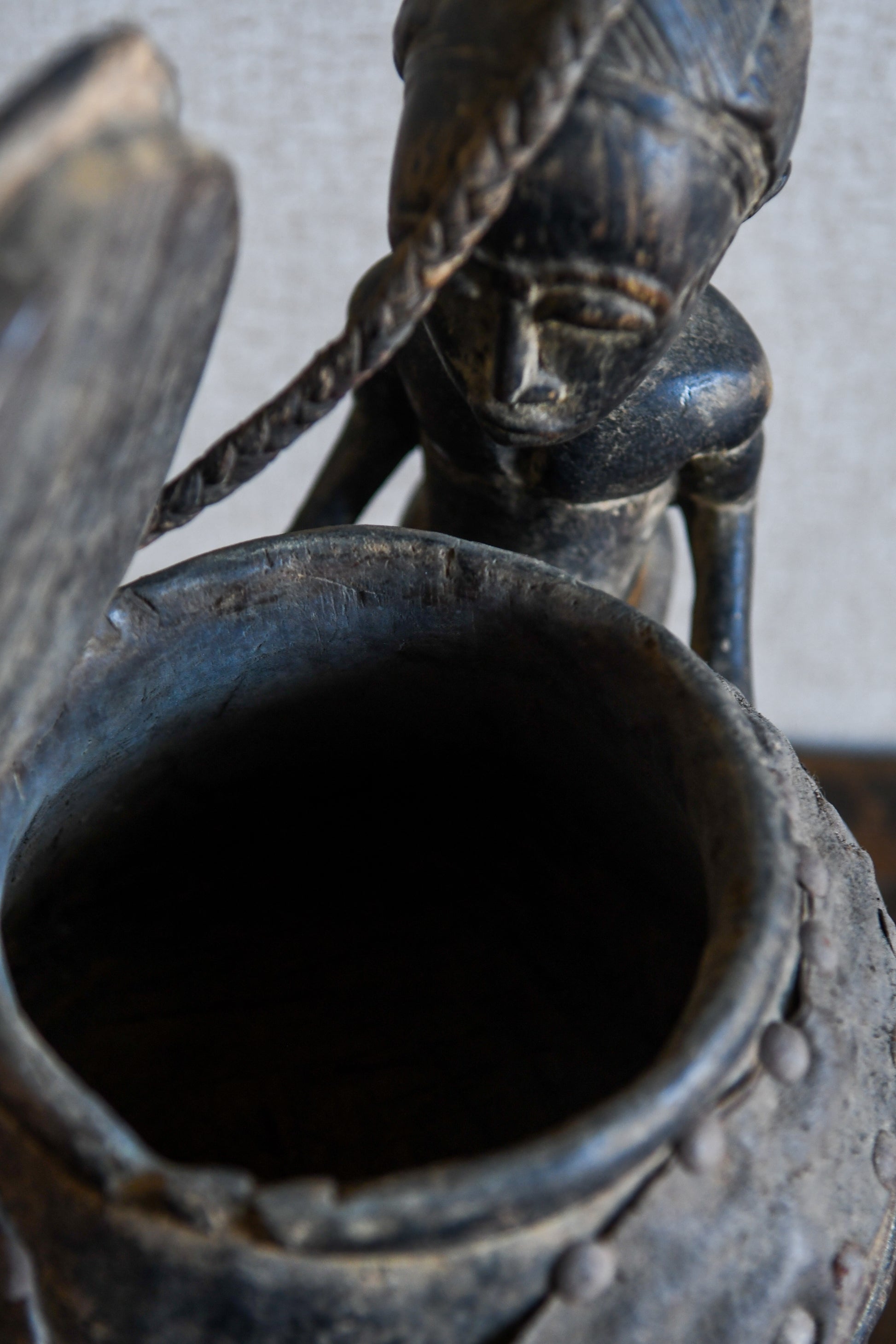 Tribal Objects - African Tribal Art - Ancient Ceremonial Art - Handcrafted Artifacts - Masks - Wood Sculptures - Iron Bronze Objects - Textiles - Art Pieces - African Folk Art - This unique Baule Divination Bowl Figure is an authentic piece of African art. It is an old carved wooden figure, crafted by highly skilled artisans, and is sure to make a statement in any space. The Divination Lidded Vessel Bowl is a perfect addition to any collection of sculptures and objects.Height : 15 inchesDepth: 4 inches