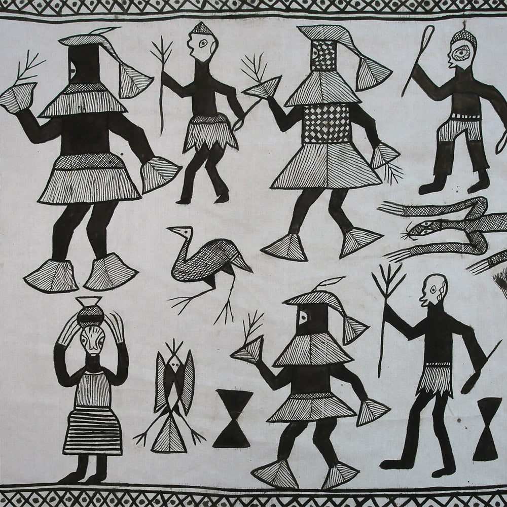 Handcrafted Art Textiles; Woven Fabrics; Other African; Mudcloth Based; Cotton; Traditional; Intricate Patterns; Vintage; Living Spaces; Home Decor; Tapestries; Hand Painted, Black White, Decorative African Senufo Mudcloth Cotton Textile