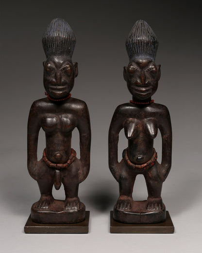 Tribal Art Sculpture; Original sculpture, Wood material; Used;Traditional; Folk Art; Other African ; Collectors' Pieces and Pieces; Artwork Decor; Male/Female Pair of Ibeji Twins Figures, Yoruba Tribe, Nigeria Wood, glass beads, African
