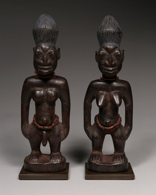 Tribal Art Sculpture; Original sculpture, Wood material; Used;Traditional; Folk Art; Other African ; Collectors' Pieces and Pieces; Artwork Decor; Male/Female Pair of Ibeji Twins Figures, Yoruba Tribe, Nigeria Wood, glass beads, African