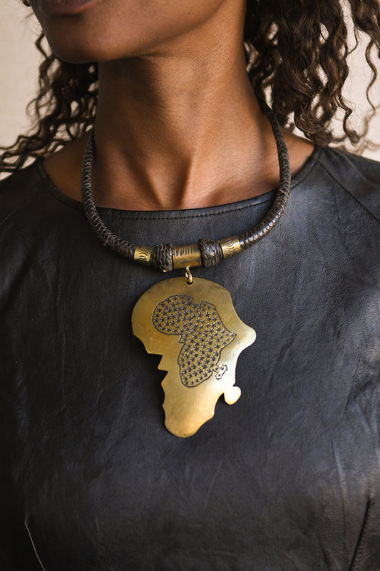 Handcrafted Art - Necklaces; Collection; Other African; Tribal Leather Jewelry, Africa Map Bronze Pendant Necklace