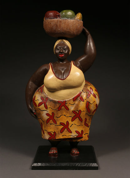 Handcrafted Sculptures - African Art - Home Decor - Wood - Statue - Figurine - Woman Carrying - Fruit Basket - Painted