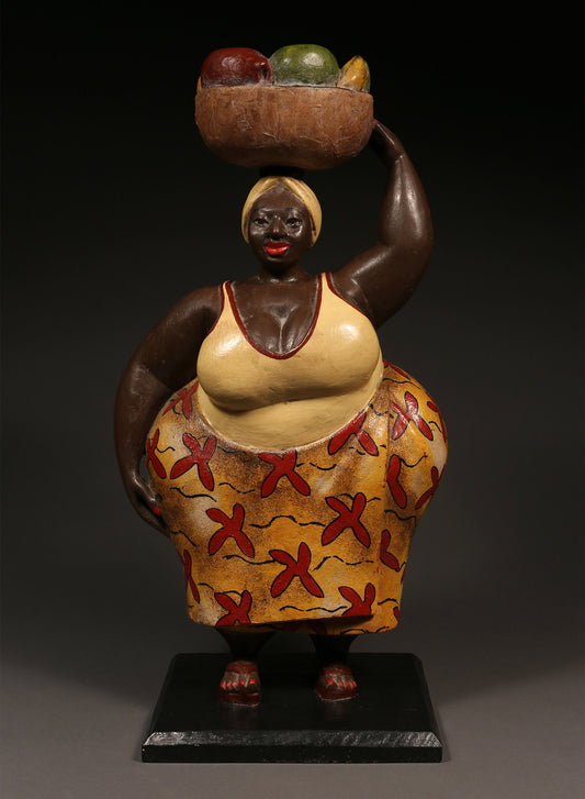 Handcrafted Sculptures - African Art - Home Decor - Wood - Statue - Figurine - Woman Carrying - Fruit Basket - Painted