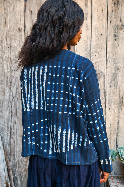 Handcrafted Art ; Mudcloth Clothing; Other African; Striped Indigo Tunic, White Blue African Cotton Mudcloth Fabric