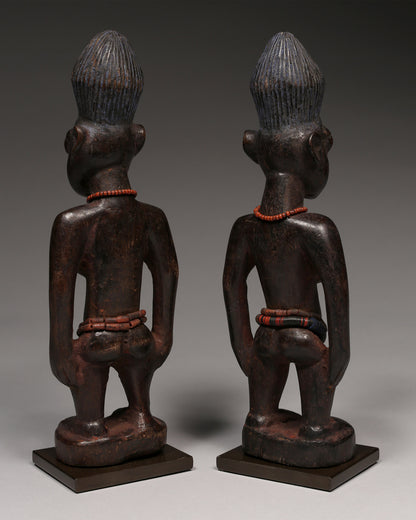 Tribal Art Sculpture; Original sculpture, Wood material; Used;Traditional; Folk Art; Other African ; Collectors' Pieces and Pieces; Artwork Decor; Male/Female Pair of Ibeji Twins Figures, Yoruba Tribe, Nigeria Wood, glass beads, African