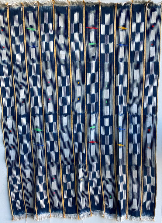 Handcrafted Art Textiles; Woven Fabrics; Other African; Indigo Based; Cotton; Traditional; Intricate Patterns; Home Decor; Vintage Cotton Textile, African Baule Ikat Wrap Tie Dye, Home Decor