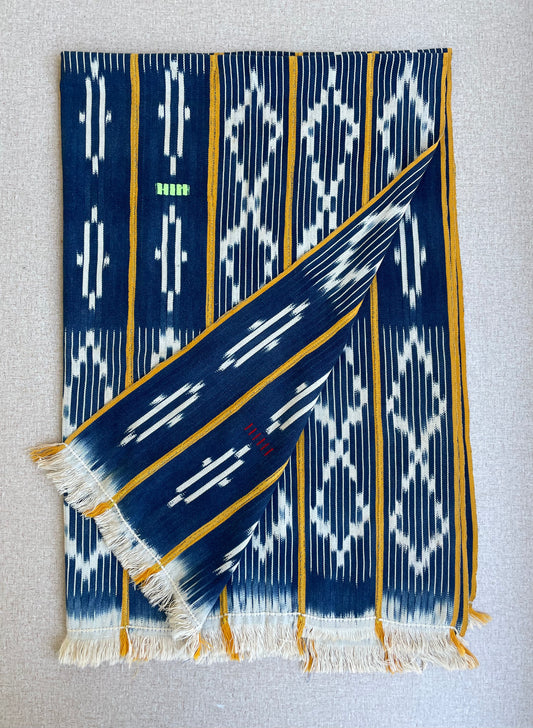 Handcrafted Art Textiles; Woven Fabrics; Other African; Indigo Based; Cotton; Traditional; Intricate Patterns; Home Decor; Crafted Tie Dyed African  Baule Indigo Ikat Cloth, Vintage Cotton Fabric, Home Decor